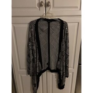 Renuar Womens XL Geometric Open Front Cardigan Black White Handkerchief Hem Knit